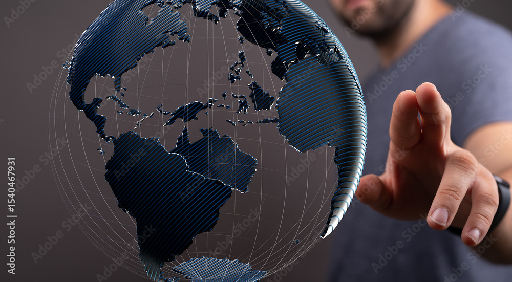 Poster Abstract image of a man interacting with a digital 3D model of the Earth, symbolizing global connectivity and networking.