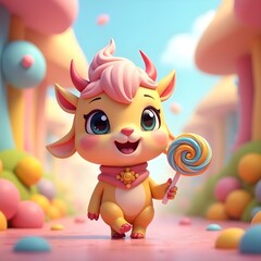 Spirited Markhor Character with Spiral Lollipop in Whimsical Setting