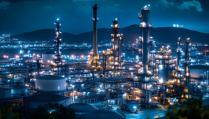 Fototapeta premium Oil and gas industrial refinery at night, Oil and gas refinery petrochemical plant pipeline steel, Oil and gas refinery factory oil and gas storage tank pipeline steel at night, Global energy refinery