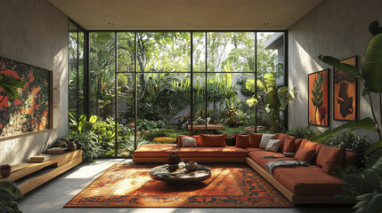 Fototapeta premium serene tropical inspired interior featuring spacious living room with floor to ceiling windows