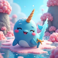 Whimsical Narwhal with Icicle Sword in Arctic Fantasy Scene