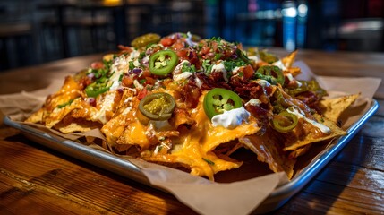Loaded nachos piled high with melted cheese, jalapeños, sour cream, and pico de gallo, on a rustic metal tray lined with brown parchment, neon bar lights reflecting softly off the cheese