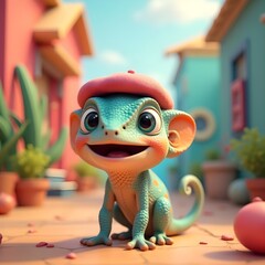 Colorful Chameleon in 3D Fantasy Scene Wearing a Color-Shifting Beret