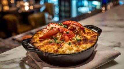 Lobster mac and cheese in a cast iron ramekin with bubbling cheese crust and lobster claws visible, served beside a linen napkin on a white marble bar top