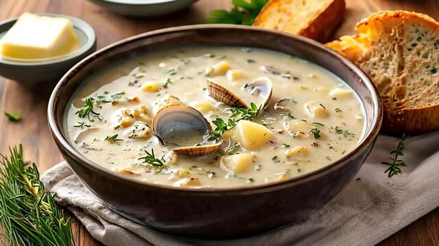 hearty clam chowder with fresh bread video