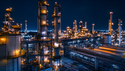 Oil and gas industrial refinery at night, Oil and gas refinery petrochemical plant pipeline steel, Oil and gas refinery factory oil and gas storage tank pipeline steel at night, Global energy refinery