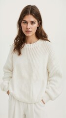 Obraz premium Beautiful Woman wearing oversized chunky knit sweater, white color, white coloron chest and sleeves, handmade and cozy look.