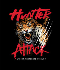 hunter attack calligraphy slogan with angry leopard clawing vector illustration © tsuponk