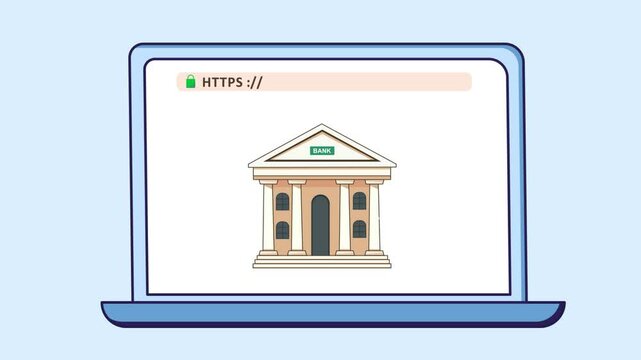 Secure Netbanking Website with HTTPS and SSL Padlock on Laptop Online Banking Safety Animation