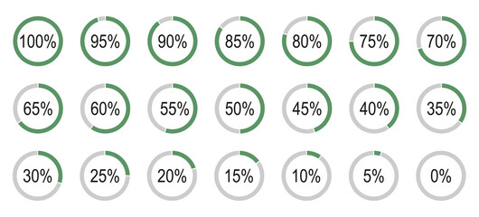 Percentage infographics elements. Green, grey color fill pie charts indicator template. Round diagrams icons for infographics from 0 to 100 percent collection. Set of circle graph loading progress. 