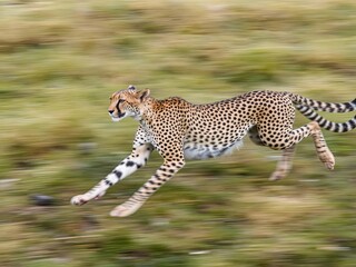Slow motion capture of cheetah sprinting across grassland, motion blur on legs, sharp head focus, dynamic wildlife action scene, Ai Generate.