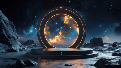 A futuristic sci-fi portal glows with a galaxy inside, illuminating an alien rocky terrain under a dark, otherworldly sky