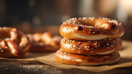 Philly soft pretzel stacked on a parchment-lined baking sheet in a bustling urban kitchen setting, warm golden crust glistening with sea salt