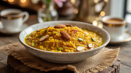 a photograph of a bowl of a traditional moong daal halwa