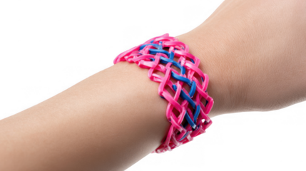 Pink and blue rubber band bracelet being worn by a child, isolated on a transparent background, perfect for diy projects or arts and crafts concepts
