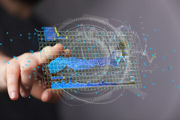 Hand interacting with a digital holographic display showing data charts and graphs.  Perfect for...