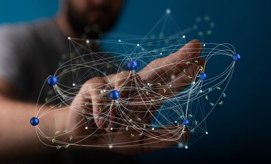 Abstract image of a hand interacting with a complex network. Represents global connectivity,...