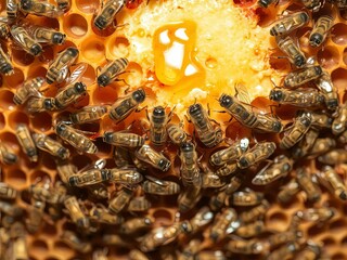 Bees swarming around honeycomb structure, golden honey dripping, extreme macro, Ai Generate.
