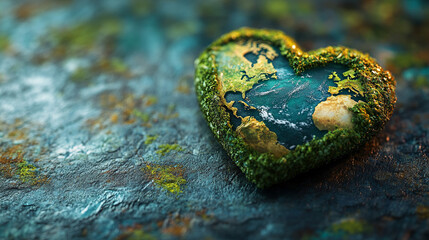 Earth Heart Shaped on Textured Surface with Green Growth