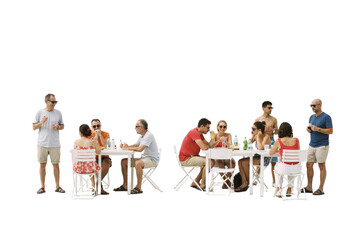 Backlit café scene with happy adults and children sitting around a table, talking and enjoying time together, isolated on a transparent background.