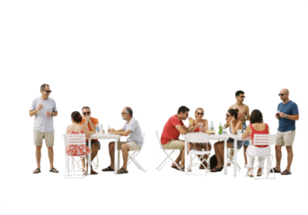 Backlit café scene with happy adults and children sitting around a table, talking and enjoying time together, isolated on a transparent background.