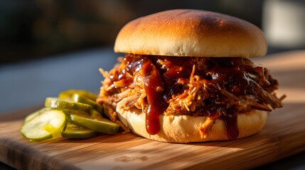 Pulled pork sandwich heaped with smoky shredded pork and tangy barbecue sauce on a soft brioche bun, side of crunchy pickles on a wooden serving board, afternoon sunlight emphasizing juicy texture