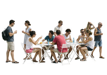 Backlit café scene with happy adults and children sitting around a table, talking and enjoying time together, isolated on a transparent background.