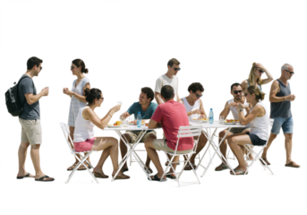 Backlit café scene with happy adults and children sitting around a table, talking and enjoying time together, isolated on a transparent background.