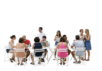 Backlit café scene with happy adults and children sitting around a table, talking and enjoying time together, isolated on a transparent background.