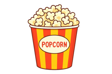 Colorful striped popcorn bucket brimming with freshly popped, golden kernels against transparent background, cartoon-style rendering