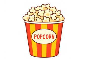 Colorful striped popcorn bucket brimming with freshly popped, golden kernels against transparent background, cartoon-style rendering