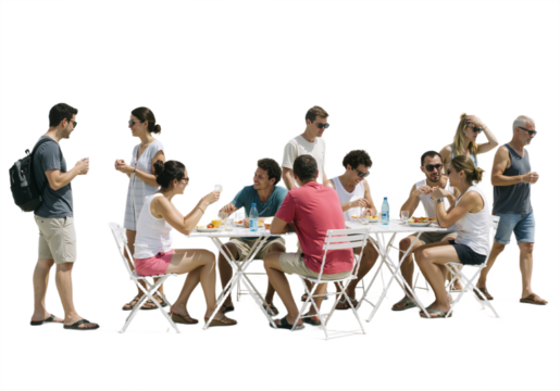 Backlit café scene with happy adults and children sitting around a table, talking and enjoying time together, isolated on a transparent background.