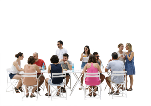 Backlit café scene with happy adults and children sitting around a table, talking and enjoying time together, isolated on a transparent background.