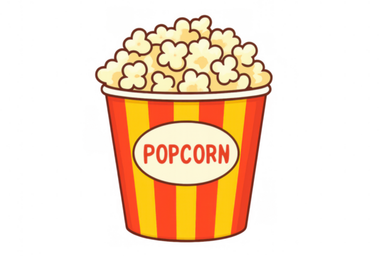 Colorful striped popcorn bucket brimming with freshly popped, golden kernels against transparent background, cartoon-style rendering