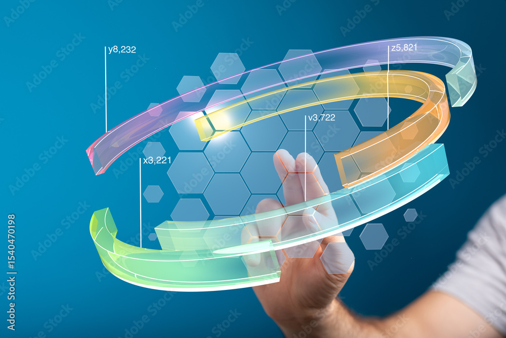 Poster Hand interacts with 3D data visualization.  Modern technology, data analytics, digital interface.