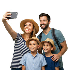 Happy family taking smartphone selfie during summer vacation, joyful moment captured outdoors, perfect for travel memories, isolated on transparent background.