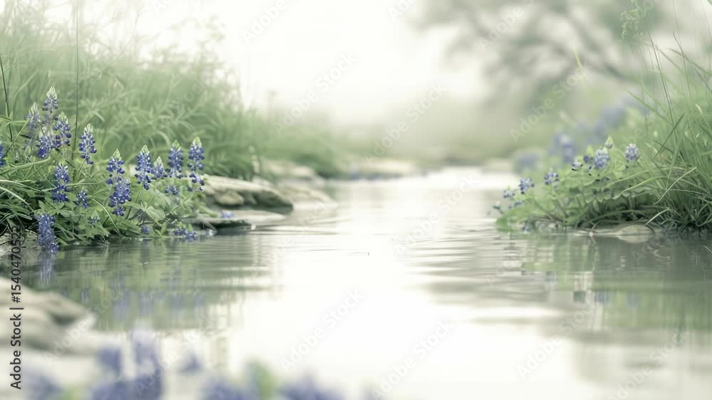 Poster a serene scene of a stream flowing through a dense and vibrant forest