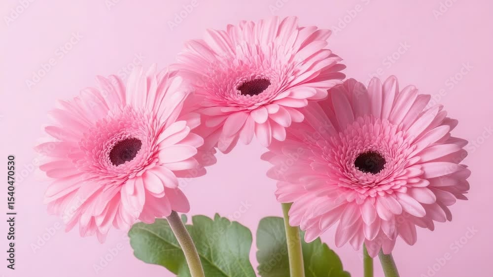 Poster a simple still life of three pink flowers in a vase on a table