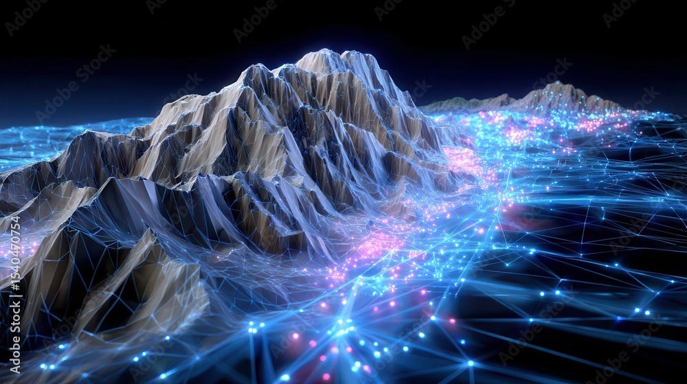 Sticker abstract digital landscape: data visualization network and mountains