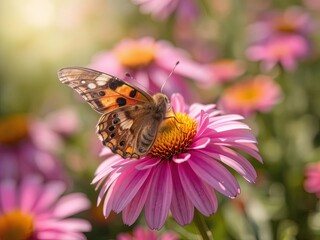 Detailed close-up of butterfly resting on flower, vibrant wing patterns, soft sunlight, garden scene, nature macro photography, Ai Generate.