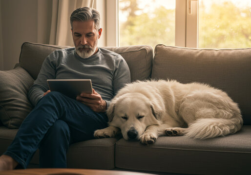 Middle-aged man reading on tablet while relaxing with dog on sofa  