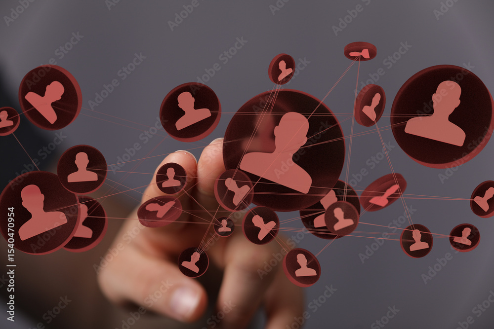 Poster Image depicts a hand interacting with a network of interconnected profiles, representing social media connections and global networking.