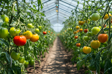 Ripe tomatoes growing in greenhouse on sunny day