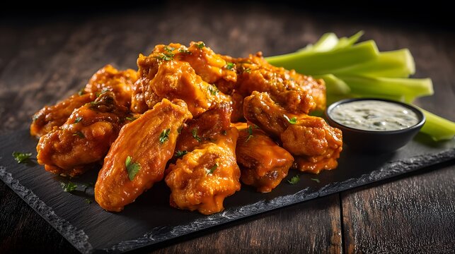 Spicy buffalo wings coated in bright orange hot sauce on a slate platter with celery sticks and a small bowl of creamy blue cheese dip, dramatic side lighting highlighting glossy sauce and crisp skin 