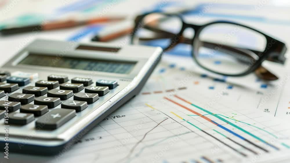 Aufkleber a calculator sits on a table next to a pair of glasses, ready for use