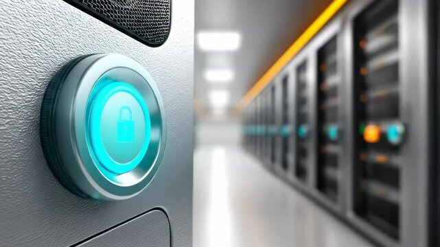 A close-up of a security lock button in a brightly lit data center server room, emphasizing cybersecurity and protection.