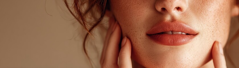 Calm skincare for sensitive face needs close up, focus on, copy space warm soothing hues Double exposure silhouette with delicate skin touch