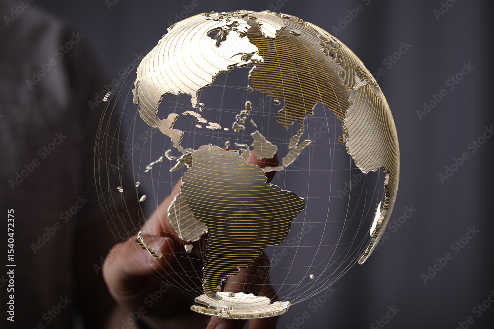 Poster Abstract image of a hand holding a digital globe, symbolizing global connections and networking.