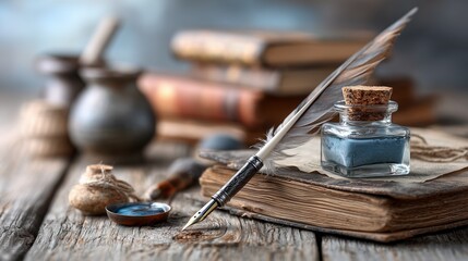 Creating art with quill and ink vintage writing tools study room still life close-up craftsmanship