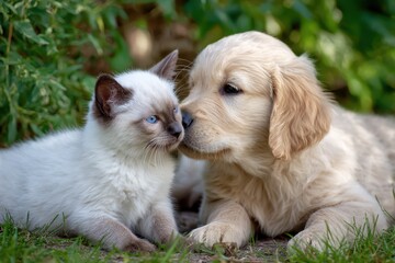 Fototapeta premium Affectionate Golden Retriever Puppy and Siamese Kitten Bonding in Garden Setting